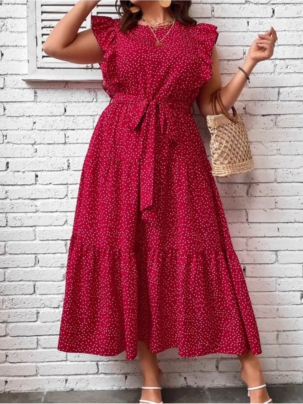 SHEIN Red Polka Dot Tie-Waist Maxi Dress
